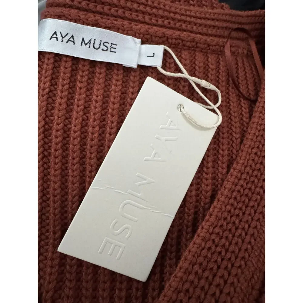 AYA MUSE Ribbed Sweater NWT Cinnamon Rust V Neck Revolve Size M